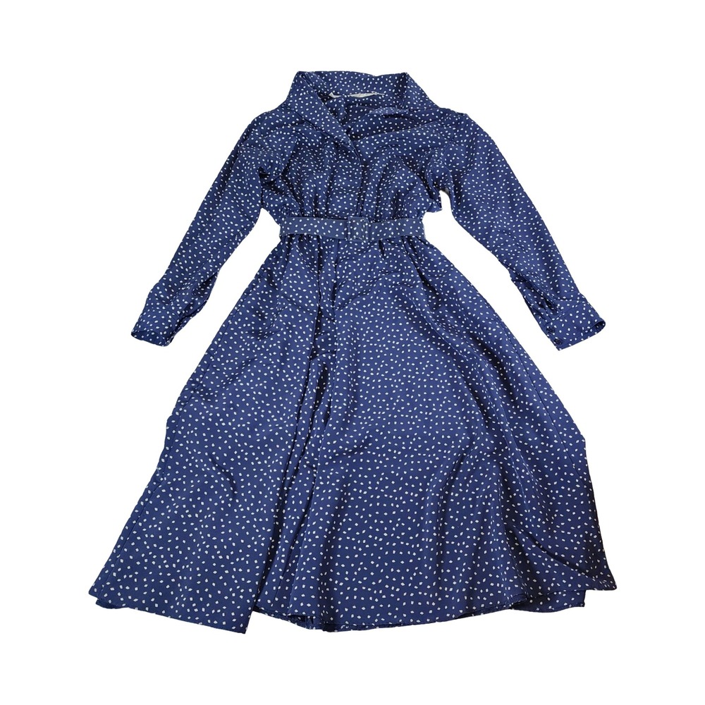 Vintage MS Chaus Navy Blue White Geometric Polka Dot Belted Shirt Dress 12